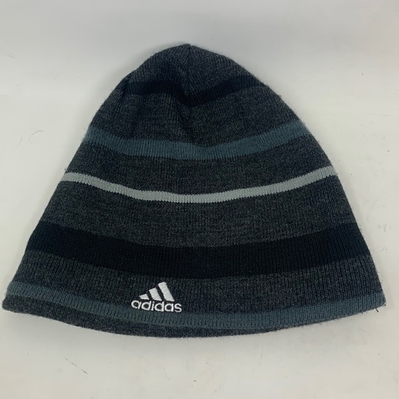 adidas Other - Adidas Grey striped knit fleece lined beanie hat